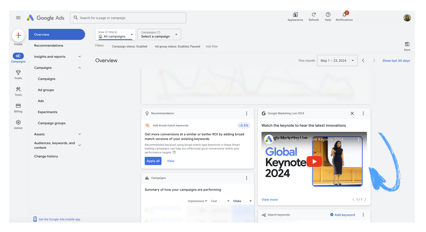 The Google Ads dashboard overview showing embedded cards used to promote an event recording and surface a campaign recommendation.