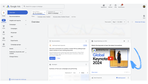 The Google Ads dashboard overview showing embedded cards used to promote an event recording and surface a campaign recommendation.