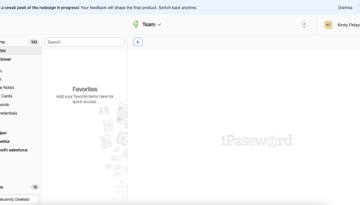A 1Password banner announcing a redesign preview and inviting users to try it.
