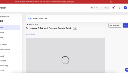 Wistia's video management dashboard with a full-width red banner alerting users to an ongoing performance issue, with a link to learn more.