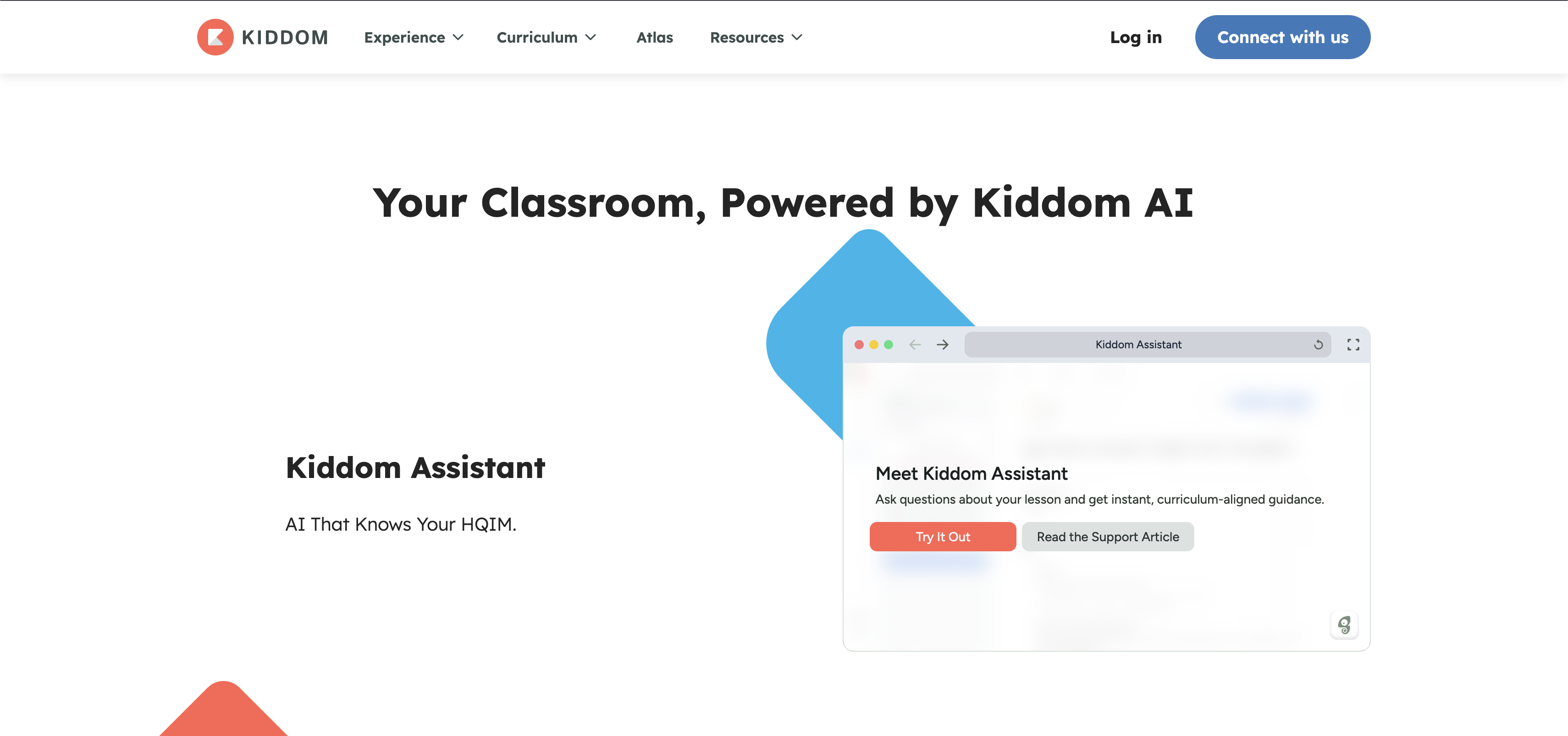 Kiddom Assistant demo intro screen reading 'Meet Kiddom Assistant: Ask questions about your lesson and get instant, curriculum-aligned guidance,' with Try It Out and Read the Support Article buttons
