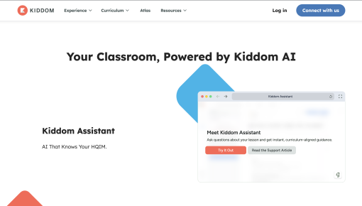 Kiddom Assistant demo intro screen reading 'Meet Kiddom Assistant: Ask questions about your lesson and get instant, curriculum-aligned guidance,' with Try It Out and Read the Support Article buttons