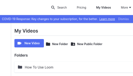 A Loom in-product notification banner announcing subscription changes, with a 'Learn more' link and a Dismiss option.