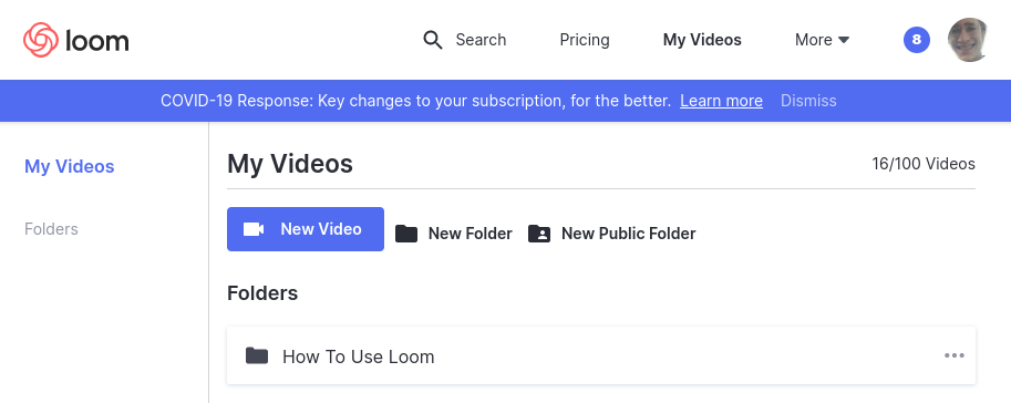 A Loom in-product notification banner announcing subscription changes, with a 'Learn more' link and a Dismiss option.