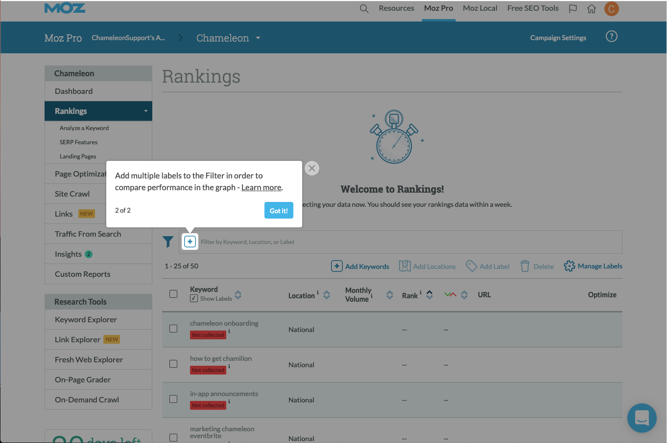 The final step of a Chameleon feature announcement on Moz Pro's Rankings page, introducing a new filtering capability.