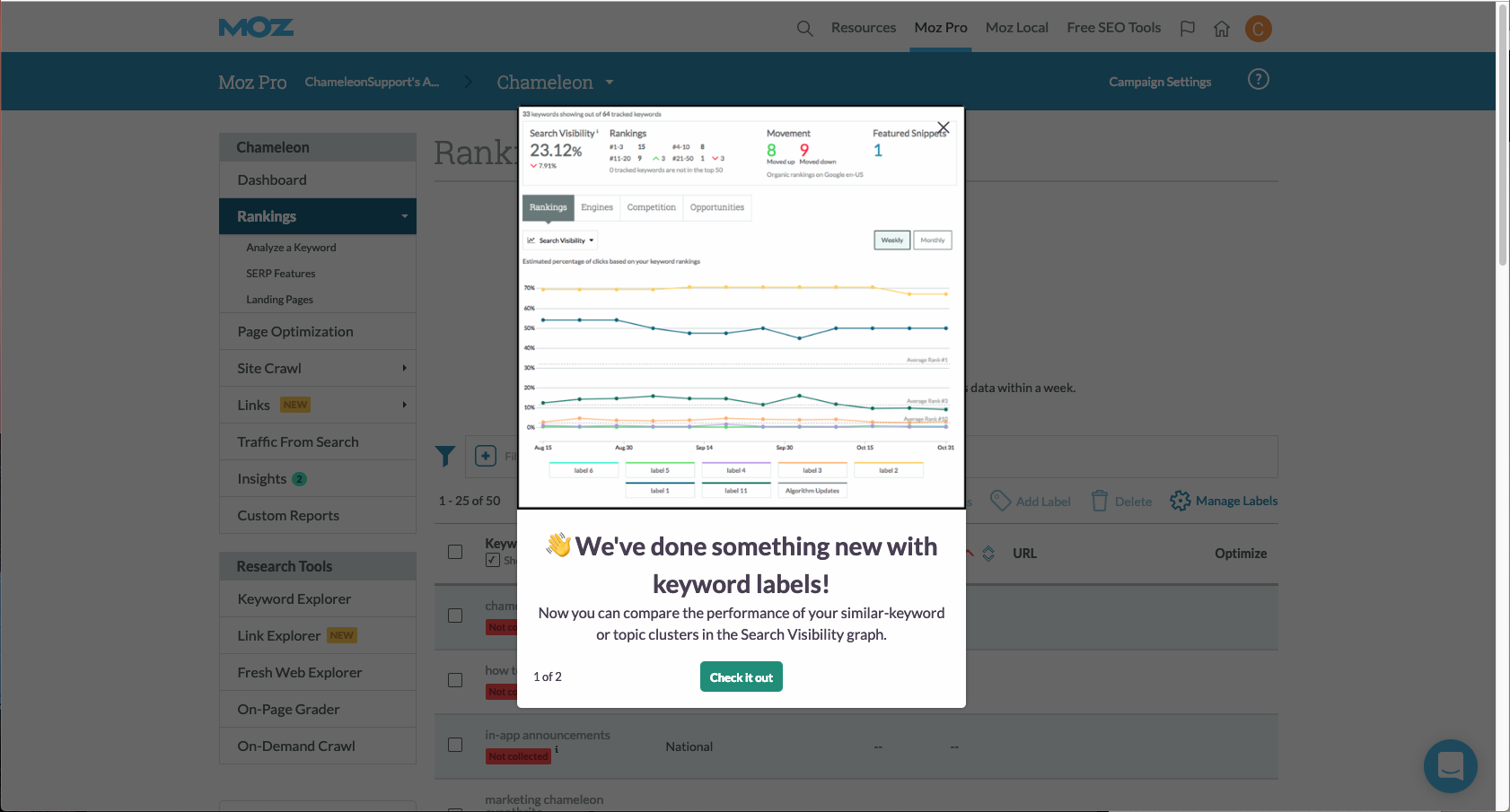 a Chameleon feature announcement tour step on Moz Pro