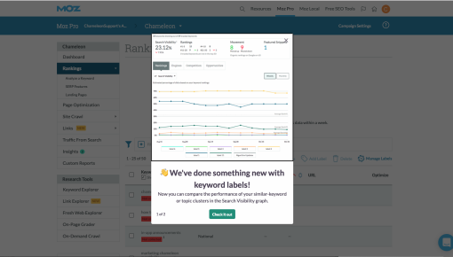 a Chameleon feature announcement tour step on Moz Pro