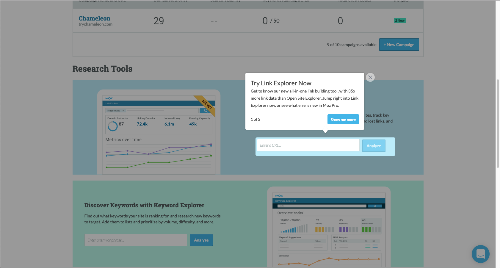 A Chameleon product tour on Moz, announcing a premium feature to trial users.