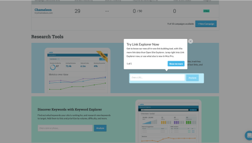 A Chameleon product tour on Moz, announcing a premium feature to trial users.