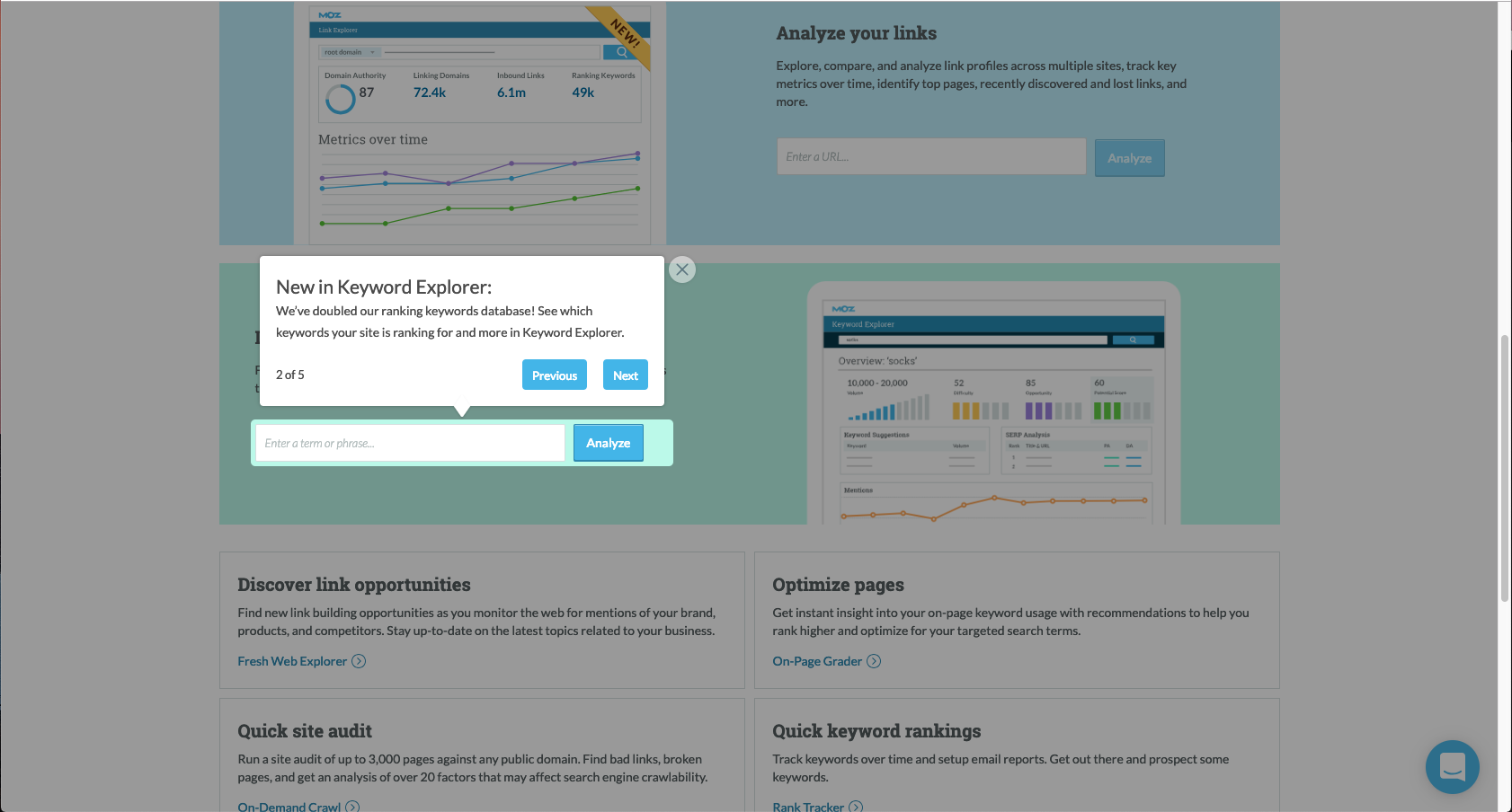 A step in a Chameleon product tour on Moz, announcing a new feature to trial users.