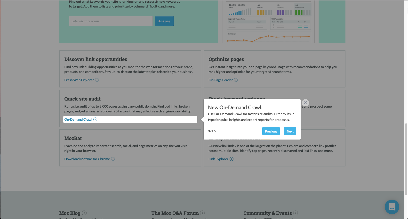 A step in a Chameleon product tour on the Moz dashboard, introducing a premium site auditing feature to trial users.