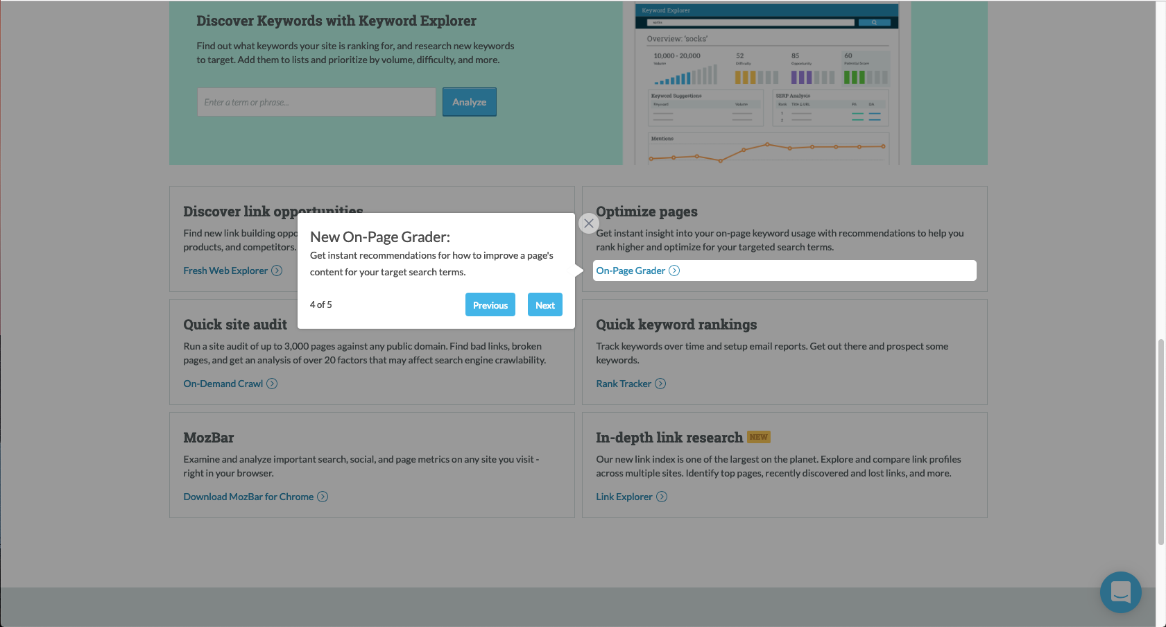 A step in a Chameleon product tour introducing a premium feature to Moz Pro trial users.