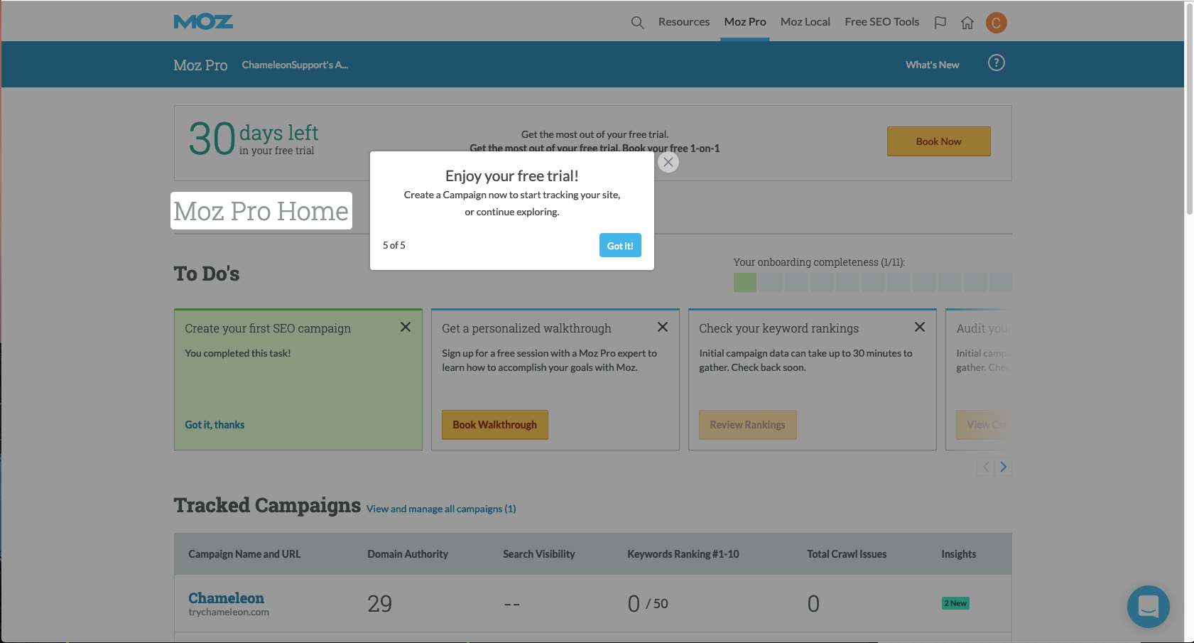 The final step of a Chameleon product tour encouraging Moz Pro trial users to start using the product.