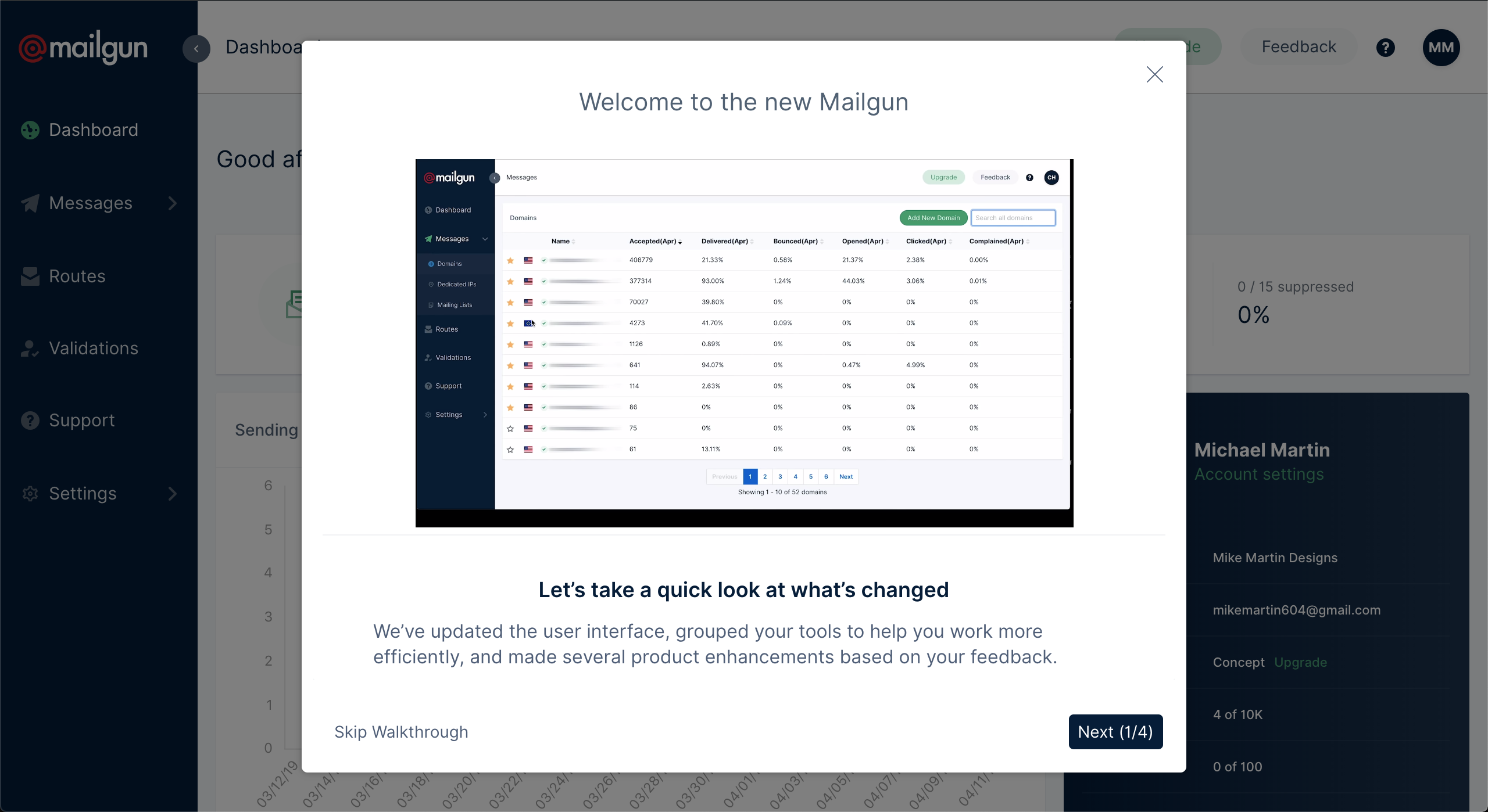 The opening step of a multi-step product tour on Mailgun's dashboard announcing a UI redesign, with a preview of the new interface.