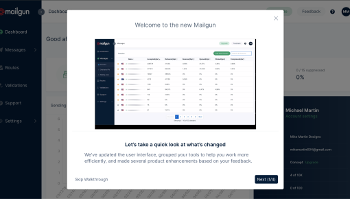 The opening step of a multi-step product tour on Mailgun's dashboard announcing a UI redesign, with a preview of the new interface.