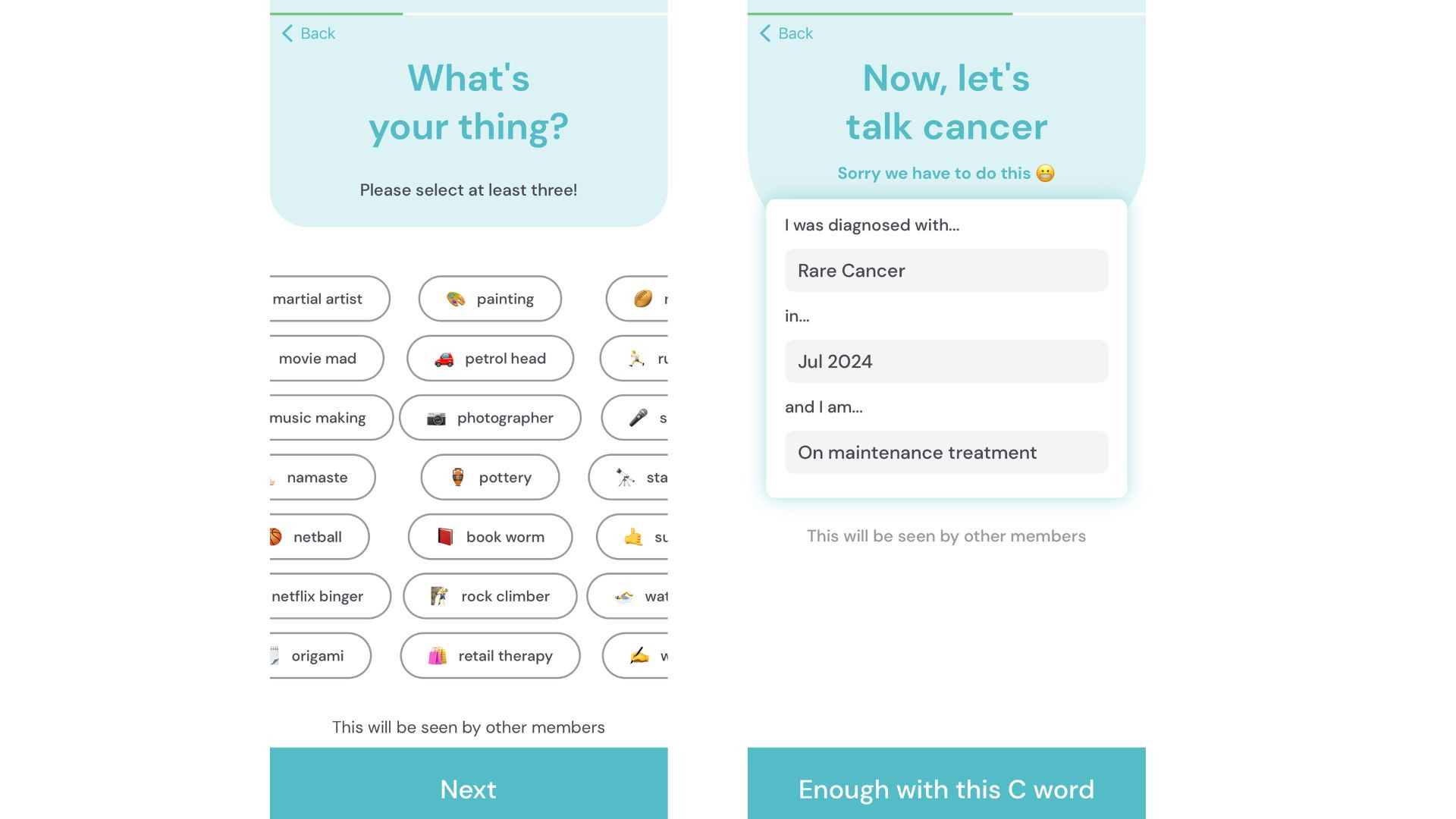 Two mobile onboarding screens from the Alike app: a hobby selection step and a cancer diagnosis details step.