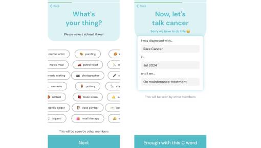 Two mobile onboarding screens from the Alike app: a hobby selection step and a cancer diagnosis details step.