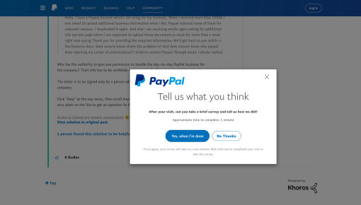 A PayPal modal prompting users to take a brief post-visit feedback survey, with options to agree or decline.