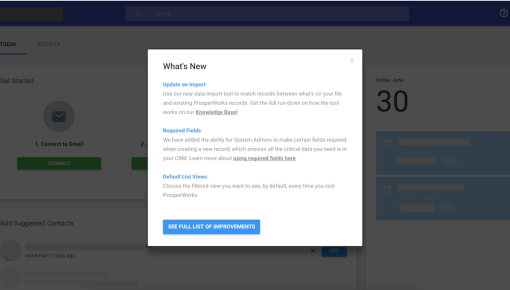 An example of Prosperworks release notes modal