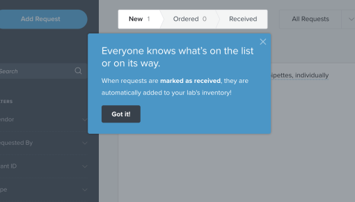 Quartzy user onboarding tooltip