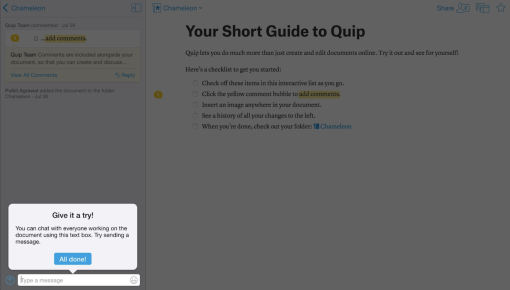 quip user onboarding lightbox