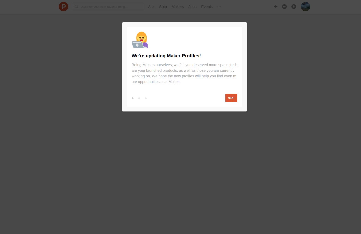 A step in a Product Hunt feature announcement tour introducing an update to maker profiles.