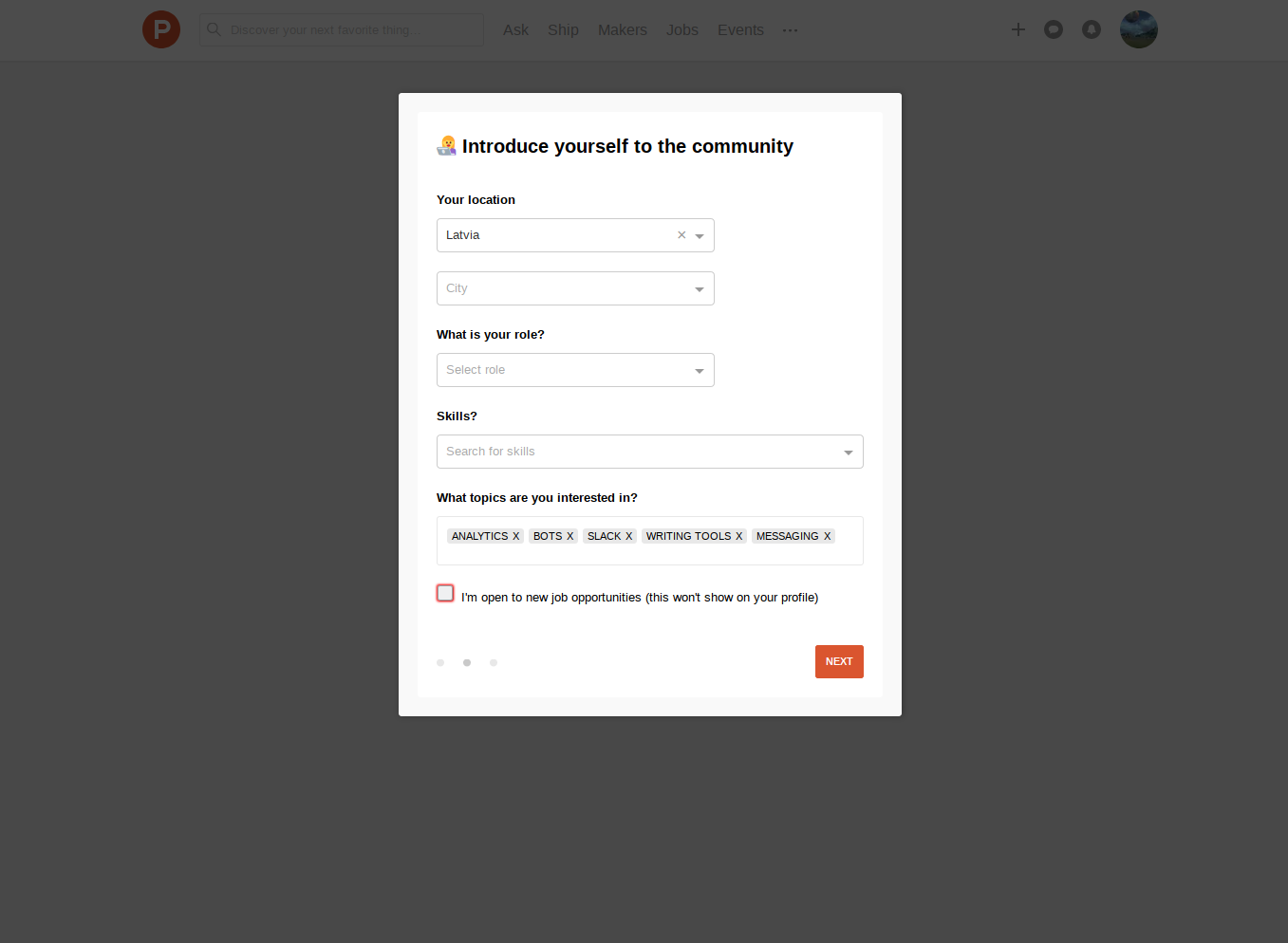 A step in a Product Hunt onboarding tour prompting users to complete their community profile.