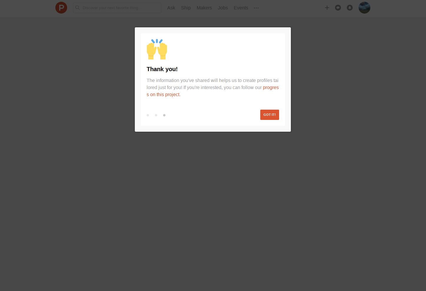 The final step of a Product Hunt product tour thanking users for completing a personalization setup.