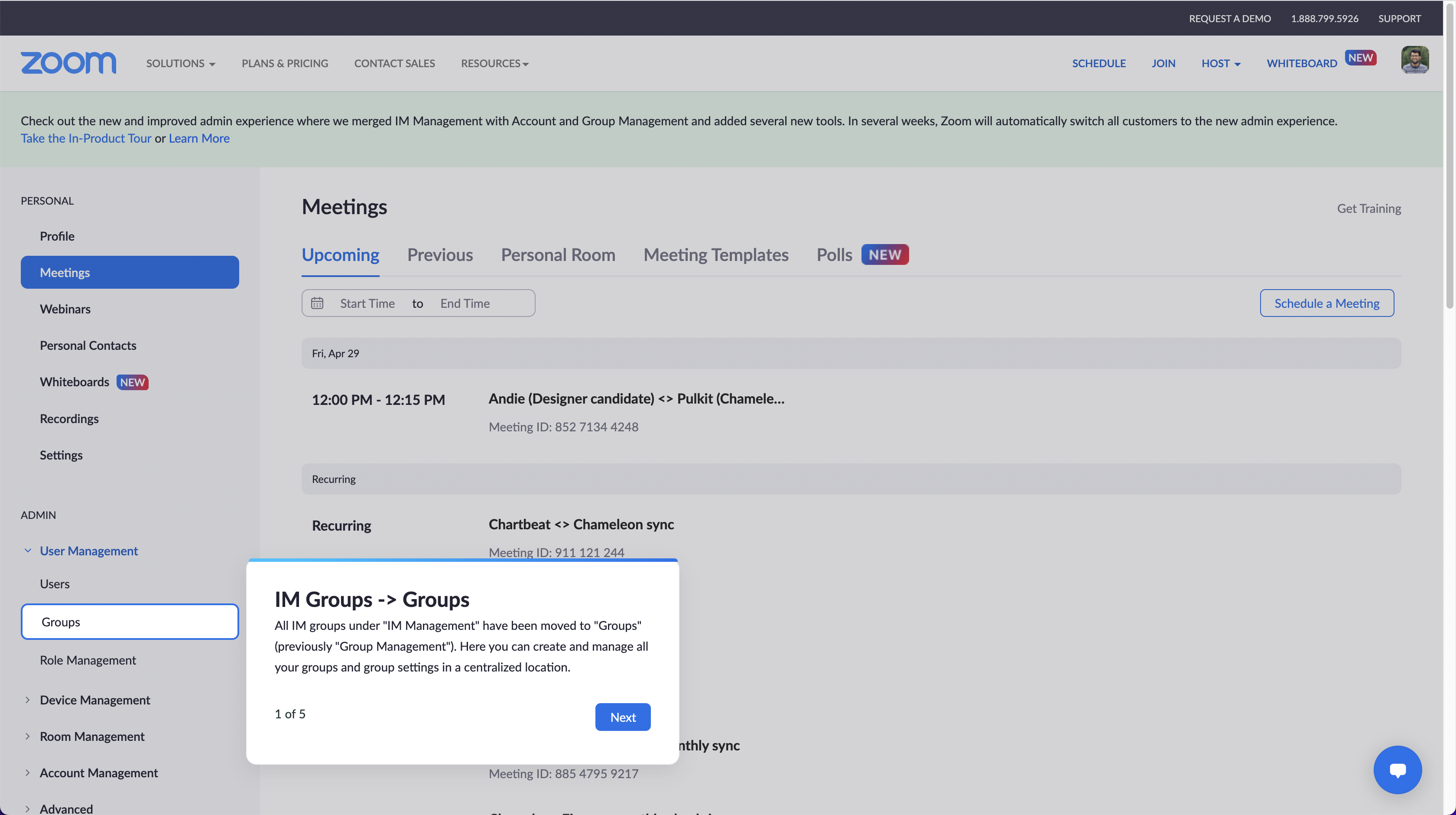 A Zoom admin product tour step announcing a navigation change