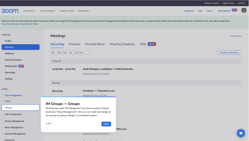 A Zoom admin product tour step announcing a navigation change