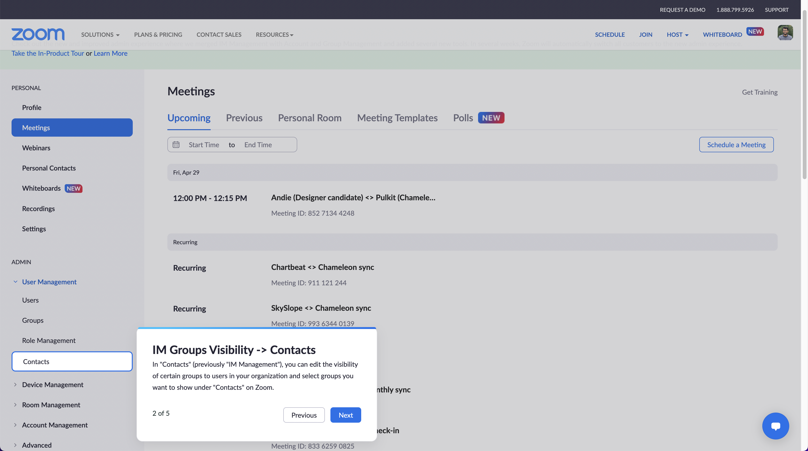 A step in a Zoom admin product tour announcing a navigation change, explaining where to find a relocated section.