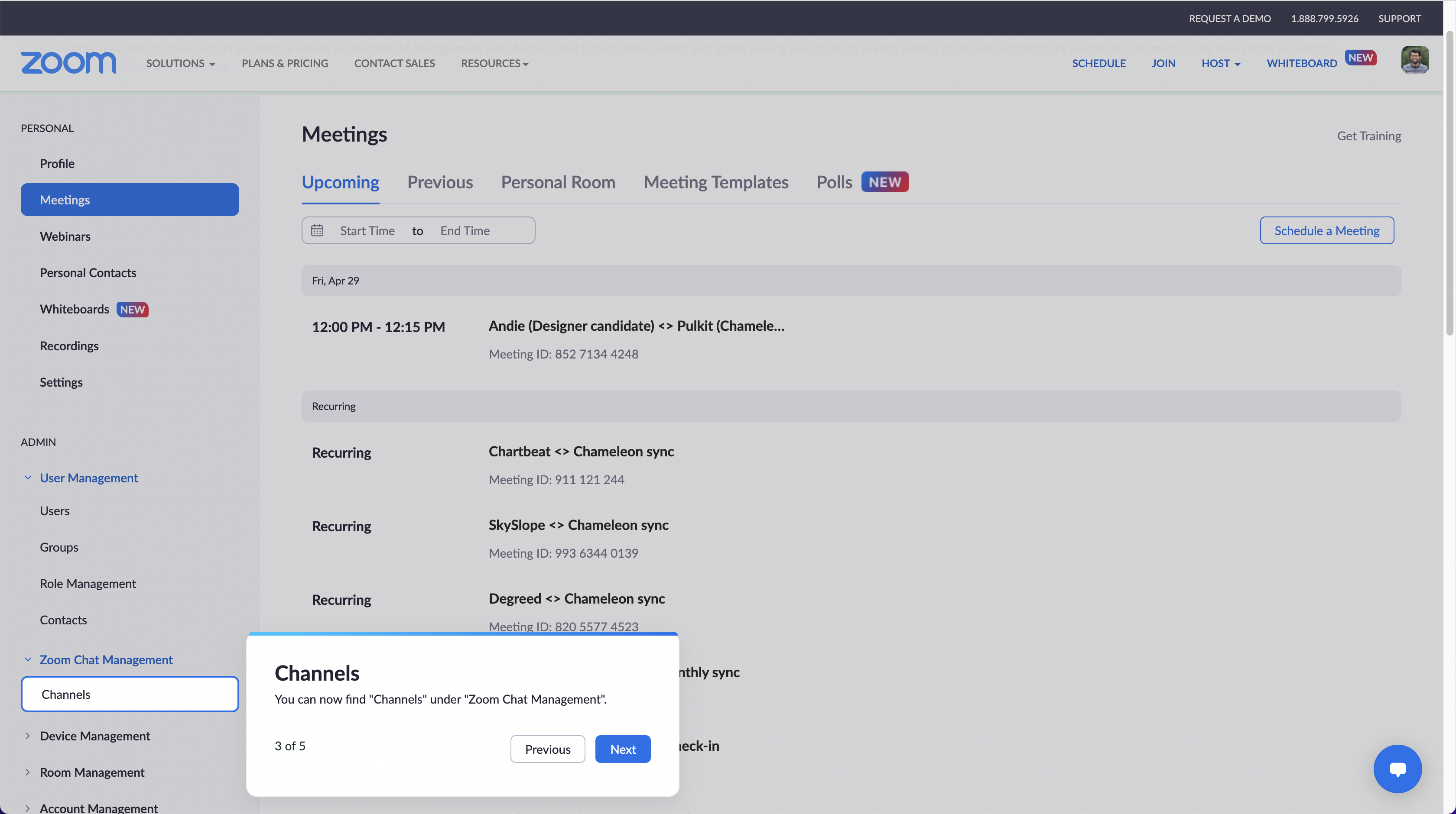 A Zoom admin product tour announcing a navigation change.