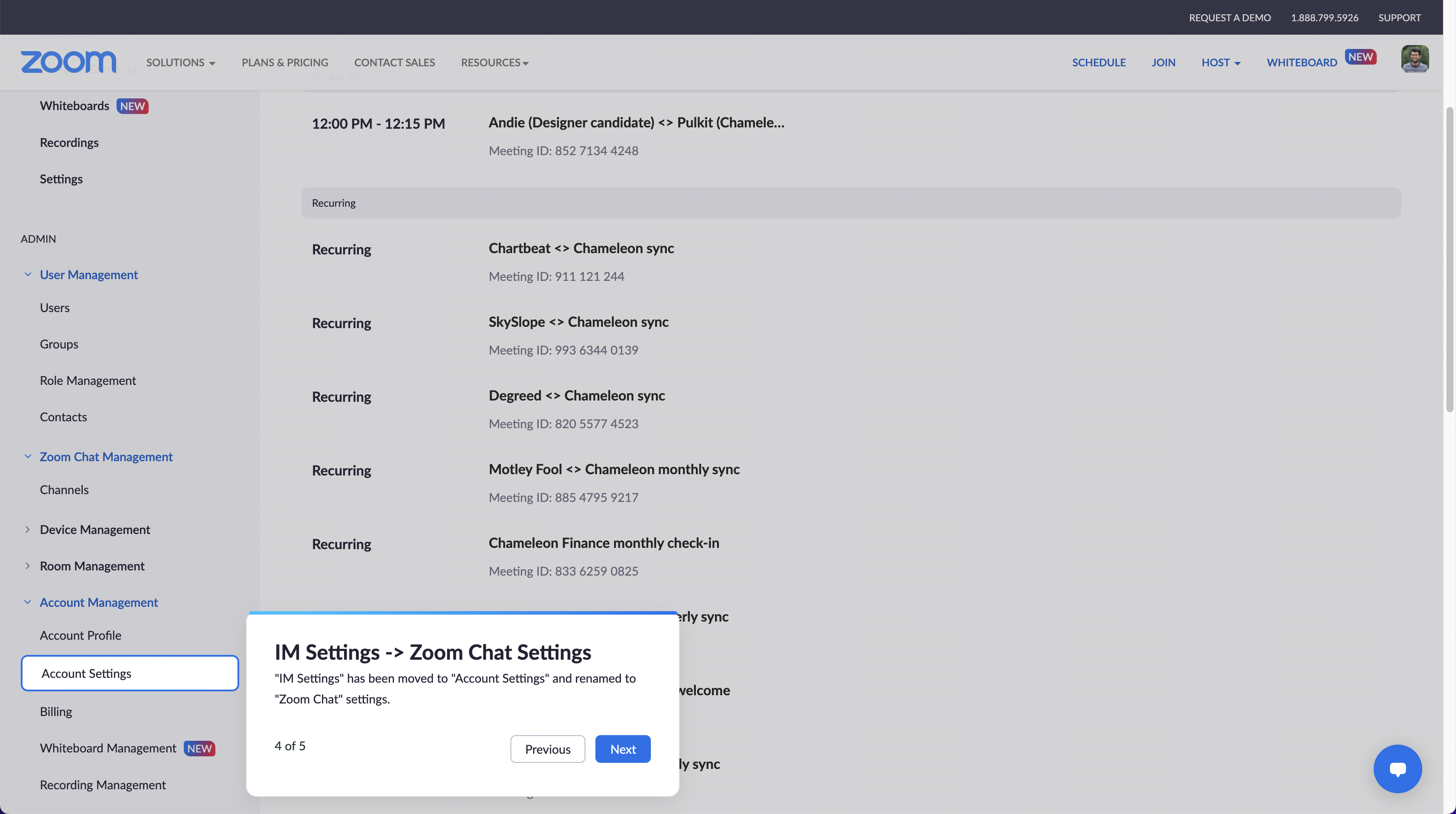 A step in a Zoom admin product tour announcing a navigation change.