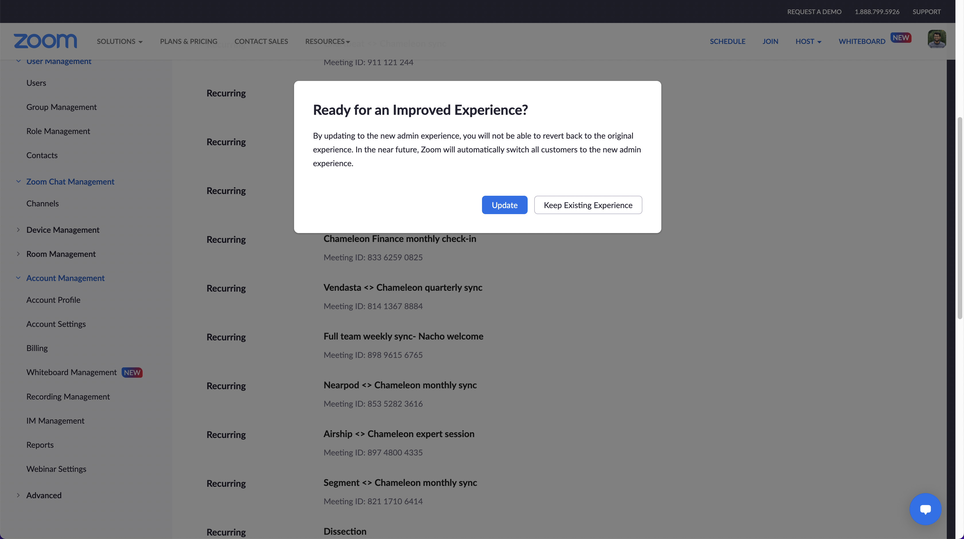 A Zoom in-app announcement prompting admins to opt into the new admin experience redesign, with 'Update' and 'Keep Existing Experience' buttons.