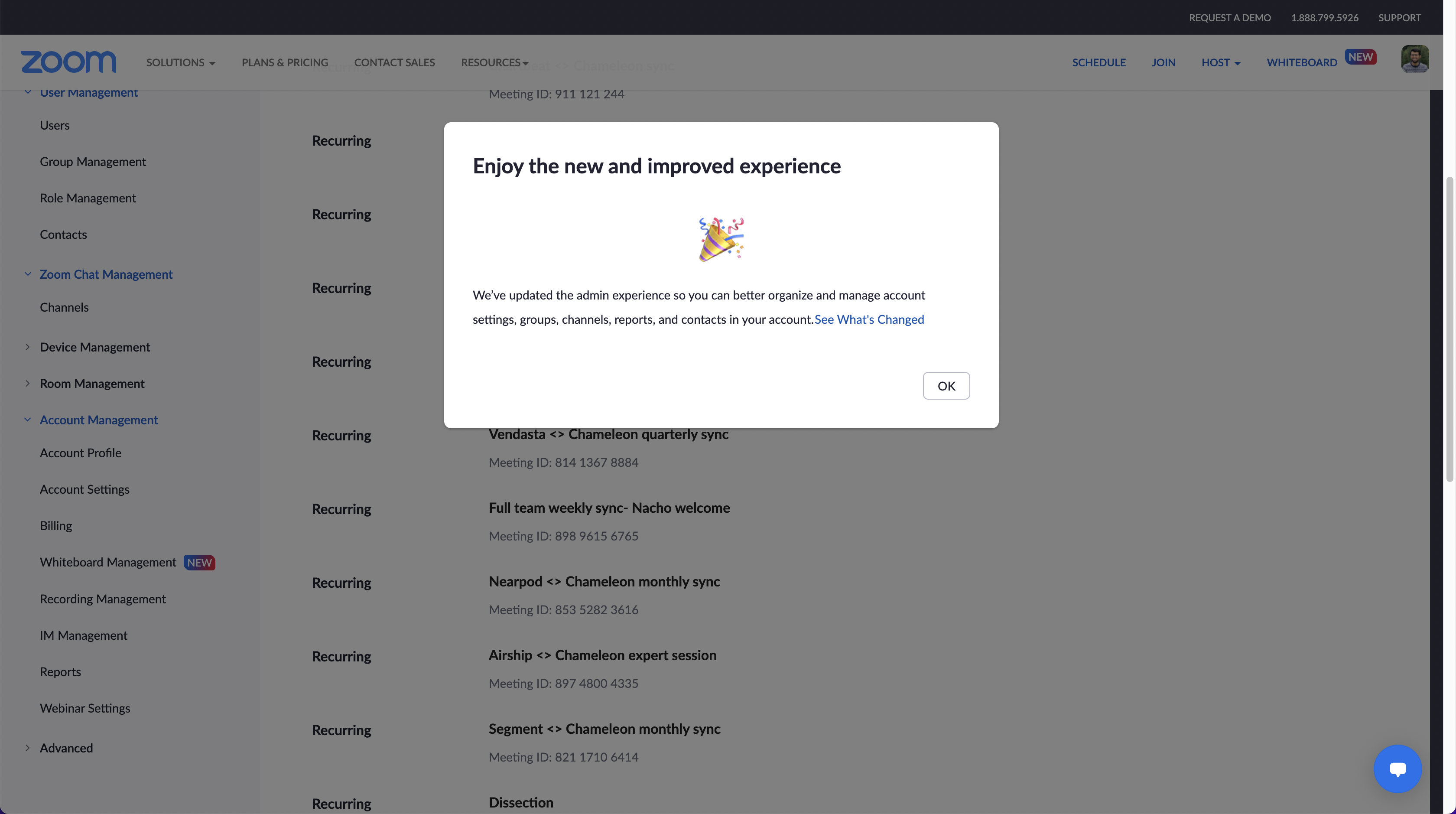 A Zoom admin modal announcing a redesigned admin experience.