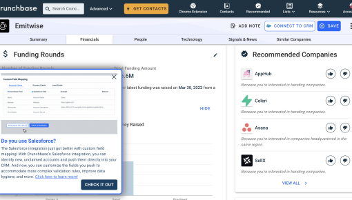 A Crunchbase in-app modal announcing an enhancement to its Salesforce integration, with a UI preview and a 