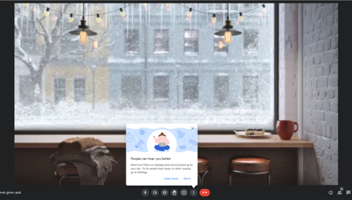 A Google Meet tooltip announcing a new feature, with an illustration and 'Learn more' and 'Got it' CTAs.