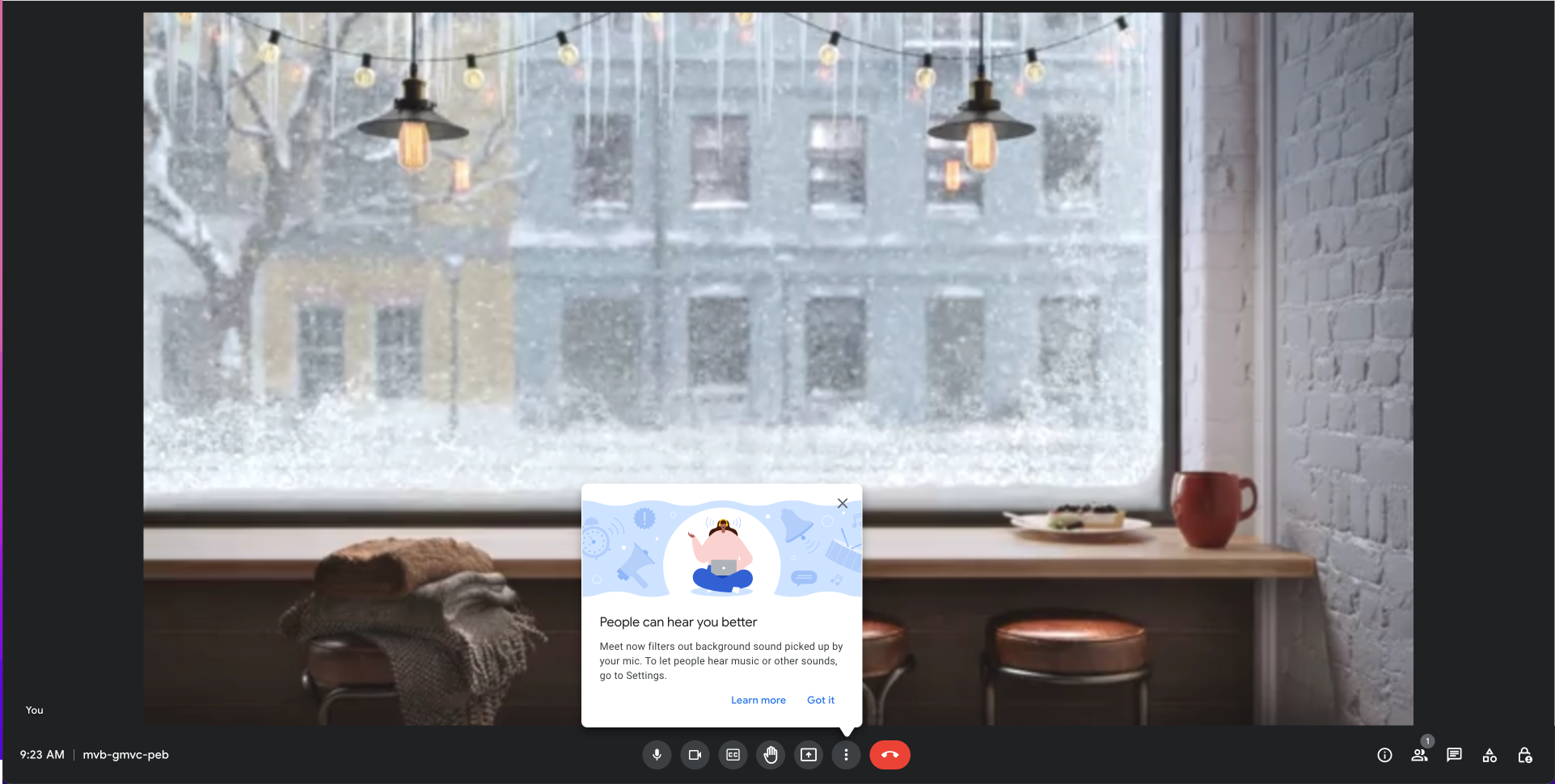 A Google Meet tooltip announcing a new feature, with an illustration and 'Learn more' and 'Got it' CTAs.