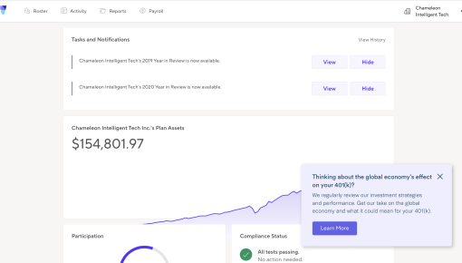 An educational panel on Vanguard's plan administration dashboard prompting users to explore investment insights via a 