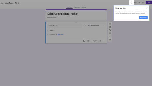 A Google Forms tooltip announcing new text styling options.
