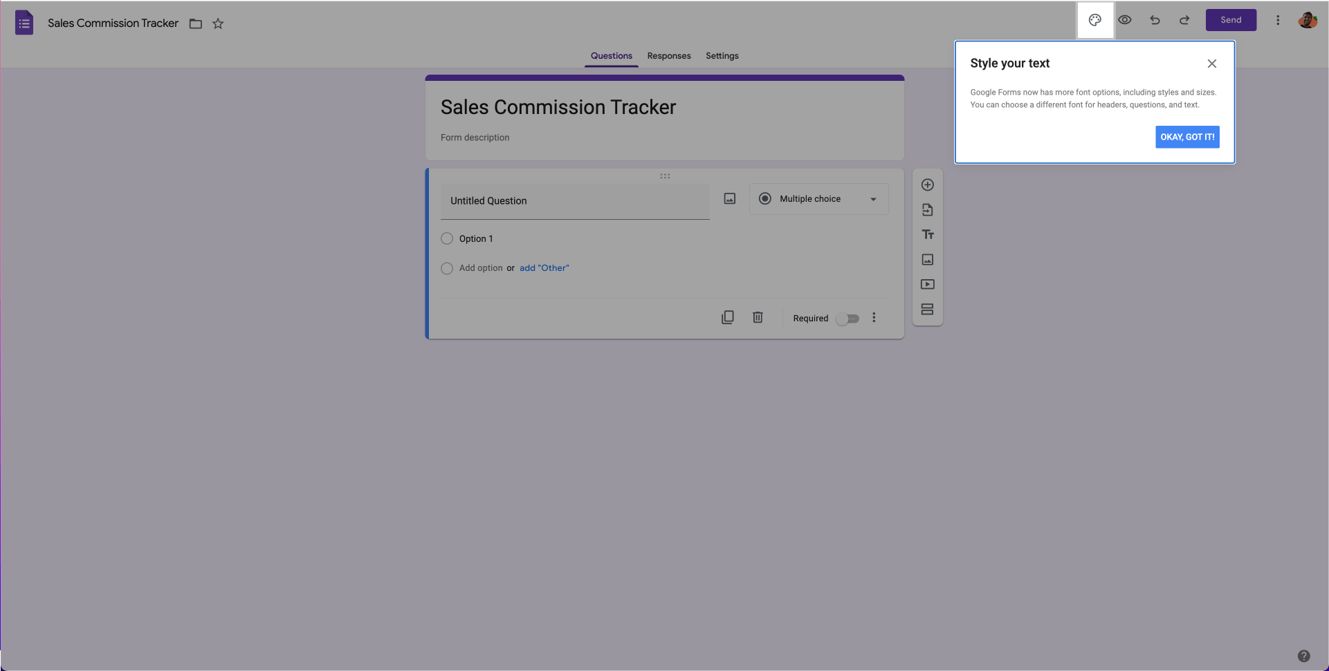 A Google Forms tooltip announcing new text styling options.