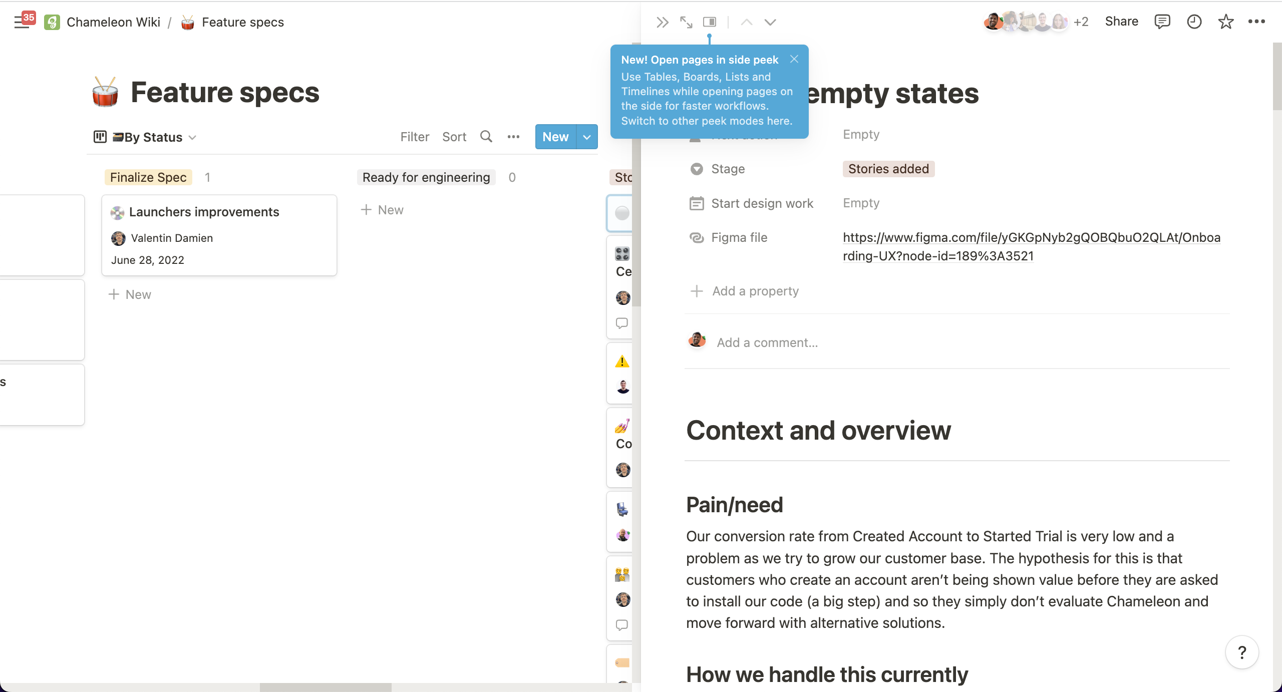 A Notion tooltip announcing a new feature for opening pages in a side-by-side view.