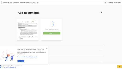 A DocuSign announcement welcoming users to a redesigned sending experience.