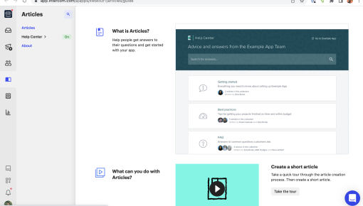 Intercom's onboarding slideout introducing a help content authoring feature, with a sample help center preview and a 'Take the tour' CTA.
