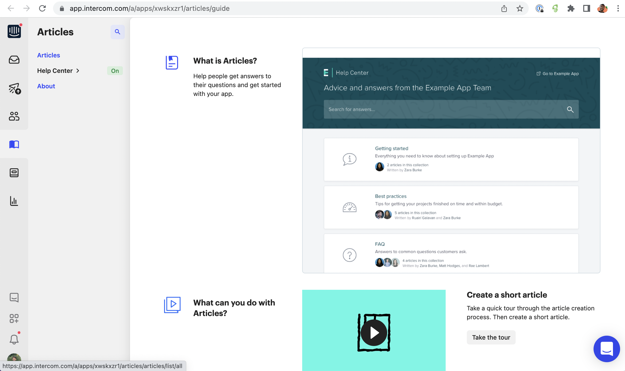 Intercom's onboarding slideout introducing a help content authoring feature, with a sample help center preview and a 'Take the tour' CTA.