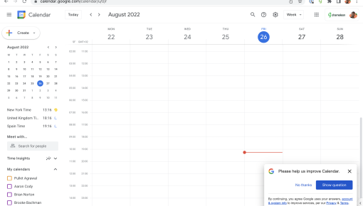 A Google Calendar microsurvey consent prompt asking users to help improve the product, with options to decline or show the survey question.