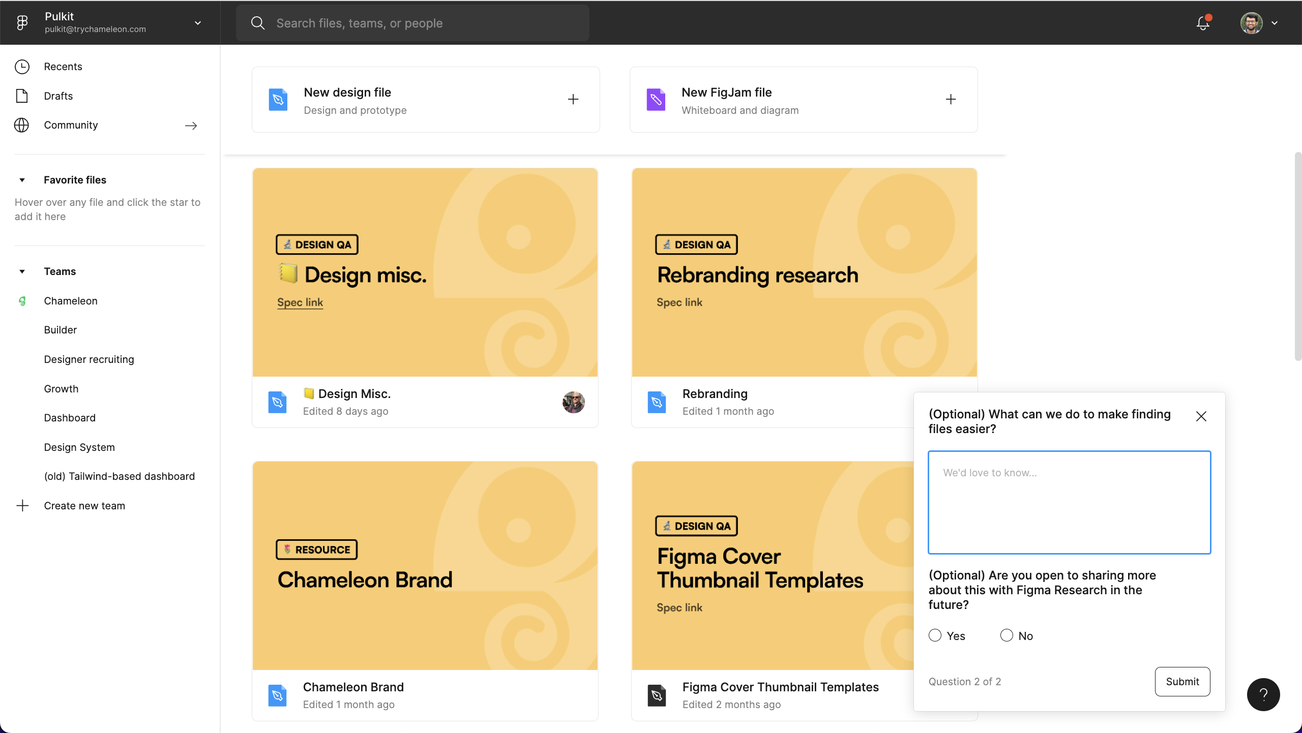 The second question of Figma's two-question microsurvey overlaid on the file browser, prompting for open-ended feedback followed by an opt-in to Figma Research.