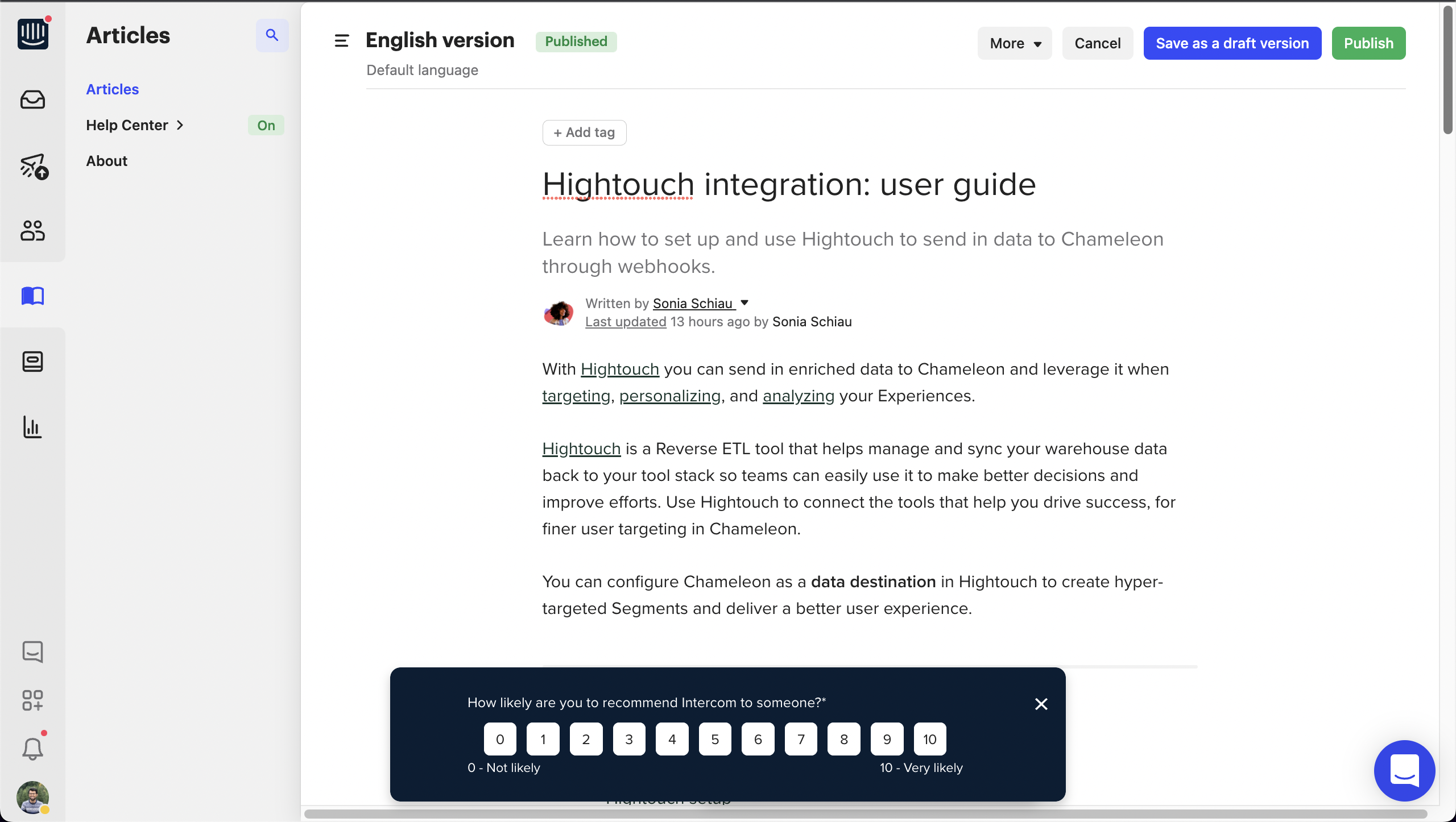Intercom's NPS survey sliding in at the bottom of a help article page, with a 0–10 rating scale for collecting user feedback.