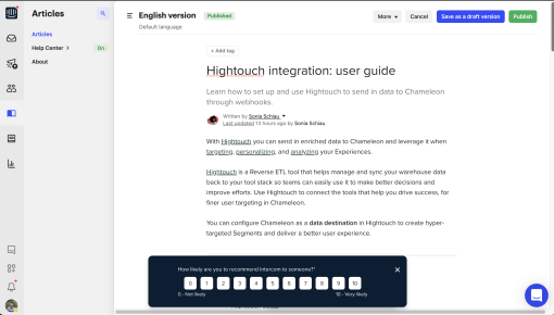 Intercom's NPS survey sliding in at the bottom of a help article page, with a 0–10 rating scale for collecting user feedback.