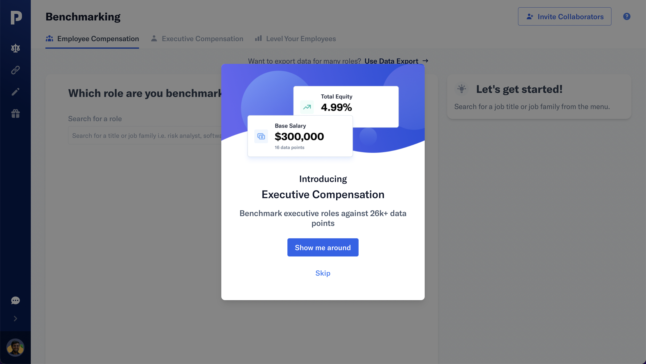 A feature announcement in PayScale's benchmarking product introducing a new data capability, with an illustration and a 'Show me around' CTA.